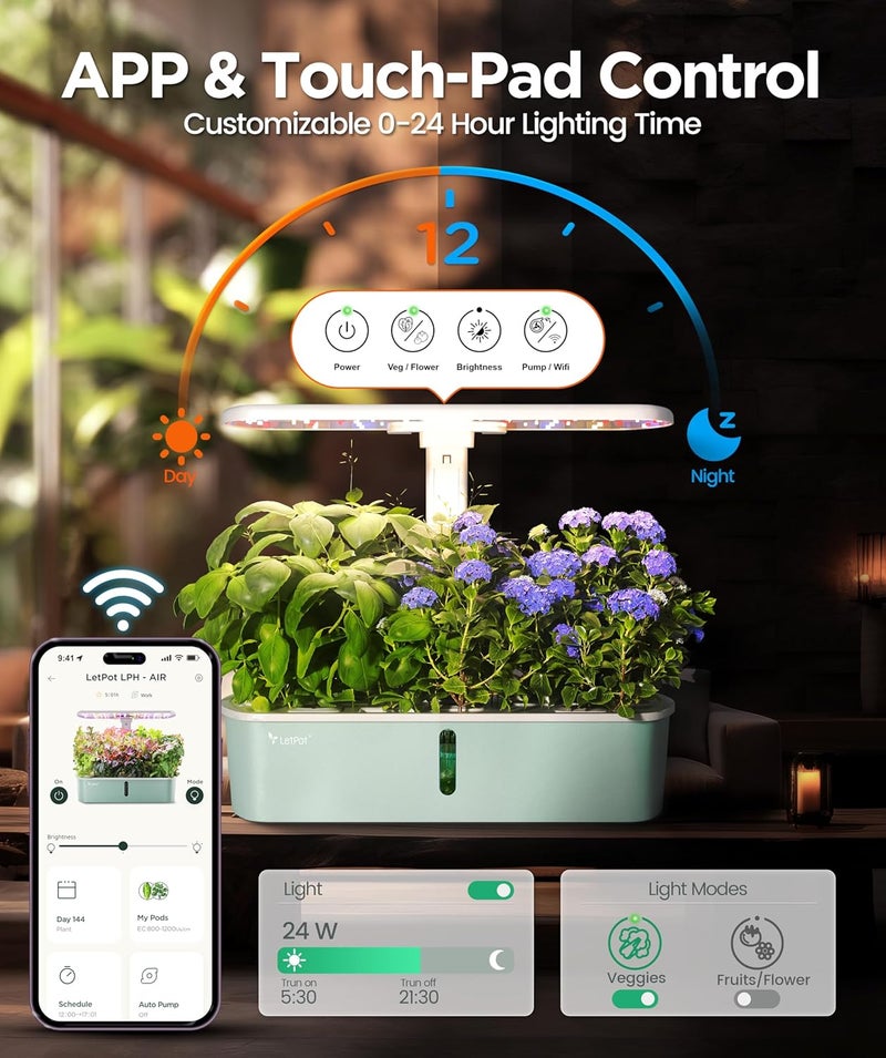 LETPOT Store أنظمة زراعة هيدروبونيك LPH-Air، حديقة داخلية ذكية متحكم بها عبر تطبيق وواي فاي مع ضوء نمو قابل للتعديل بقوة 24 واط، 10 حاويات للزراعة الداخلية كهدية، للمطبخ، والخضروات - Image 3